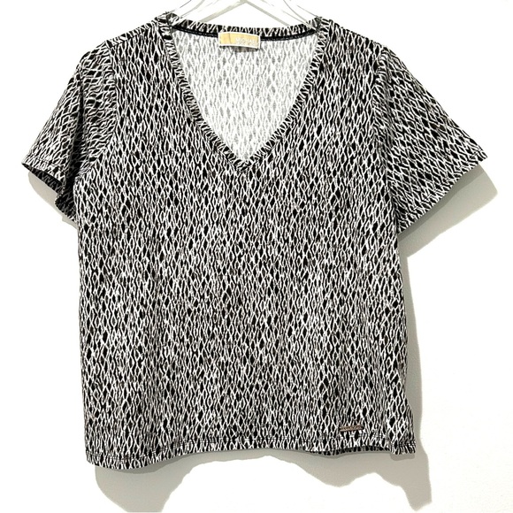 Michael Kors Black White VNeck Tee Shirt Short Sleeve Geometric Print - Picture 1 of 7